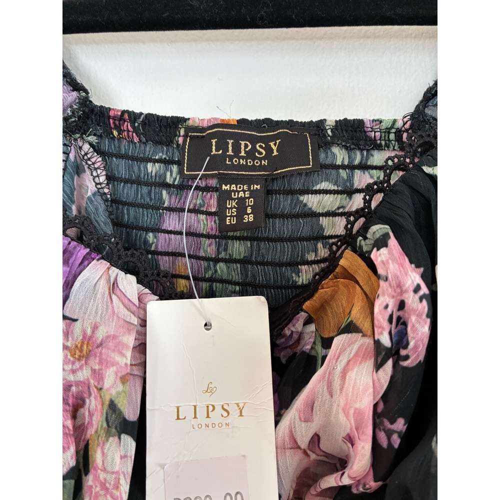 NWT Lipsy London Floral Square Neck Ruched Long‎ Sleeve Sheer Blouse Women S 6 - Picture 2 of 6